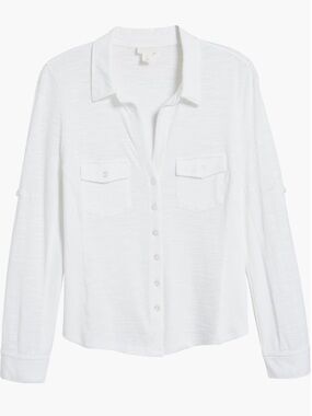 Caslon White Casual Button Down Henley Roll Tab Shirt Large
